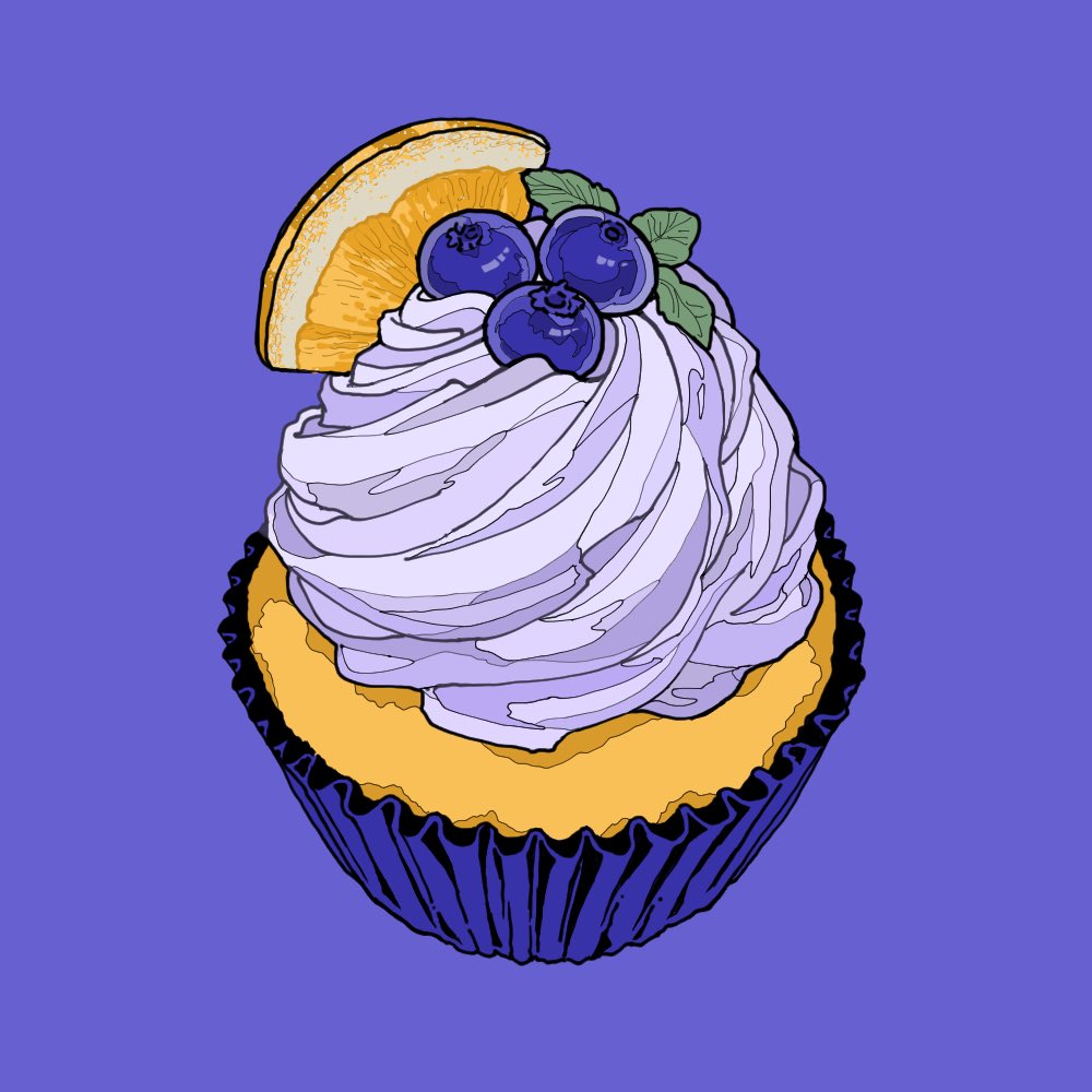 blue_background blueberry cupcake dessert food food_focus fruit icing leaf lemon lemon_slice minillustration no_humans original simple_background