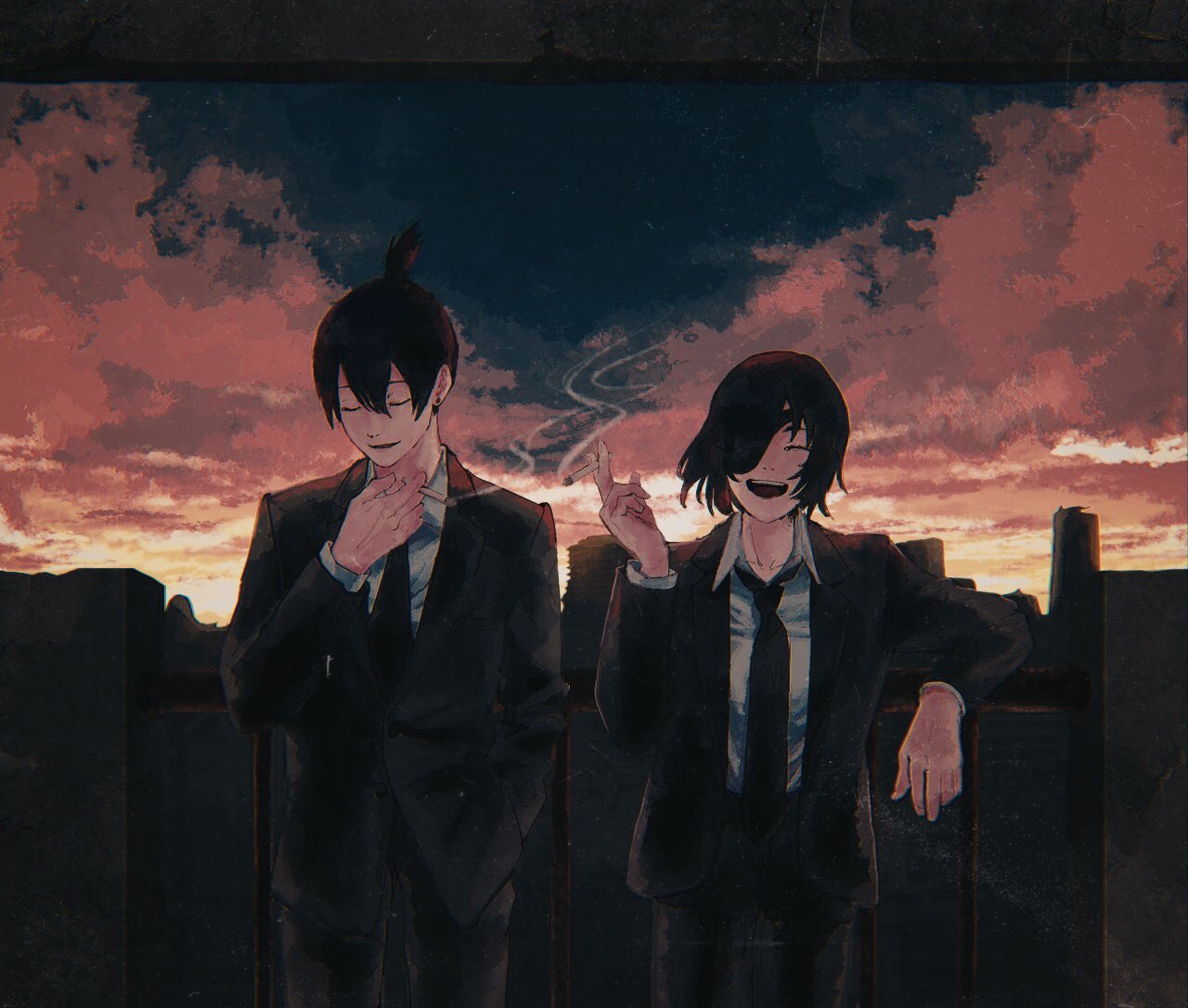 1boy 1girl balcony black_jacket black_pants black_suit breasts chainsaw_man cigarette closed_eyes clouds cloudy_sky collared_shirt commentary cowboy_shot dress_shirt dusk ear_piercing english_commentary eyepatch facing_viewer formal hayakawa_aki_(chainsaw_man) himeno_(chainsaw_man) holding holding_cigarette jacket long_sleeves menol_methanol mixed-language_commentary one_eye_covered open_mouth outdoors pant_suit pants piercing shirt shirt_tucked_in short_hair side-by-side sky small_breasts smile smoking standing suit topknot white_shirt wing_collar