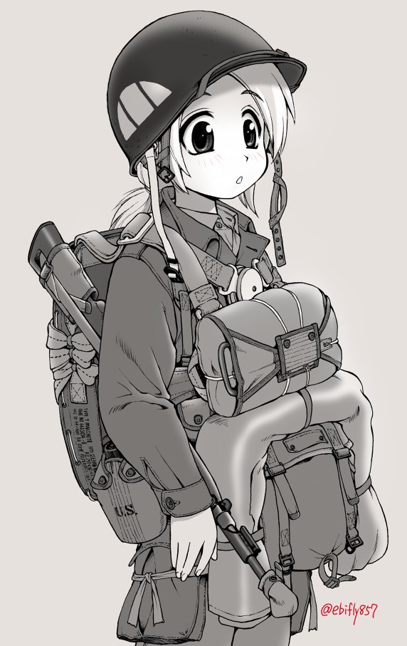 1girl backpack bag blush canteen chest_harness cowboy_shot ebifly grey_background greyscale gun harness helmet long_hair long_sleeves military monochrome original parted_lips ponytail simple_background solo tagme twitter_username united_states_army weapon