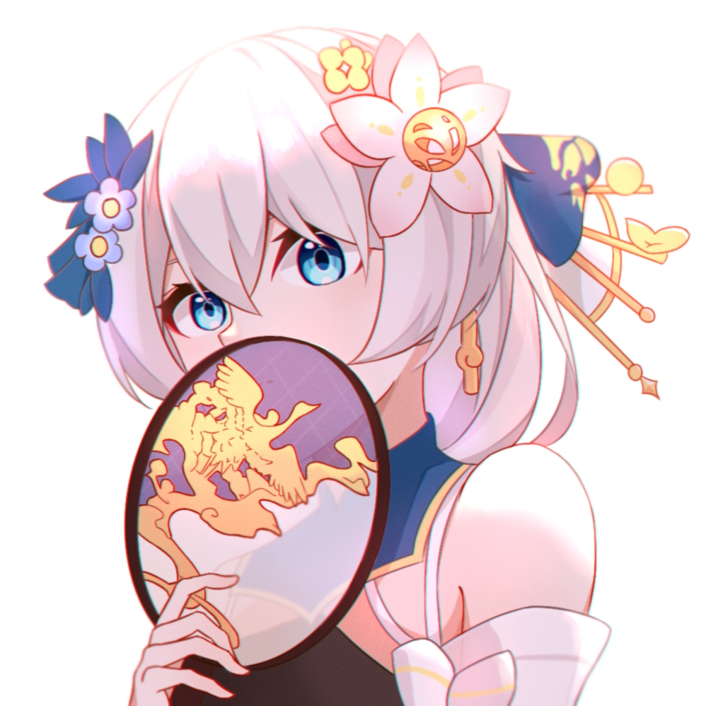 1girl bangs bare_shoulders blue_eyes blue_flower china_dress chinese_clothes closed_mouth covering_mouth dress earrings fan flower hair_between_eyes hair_flower hair_ornament holding honkai_(series) honkai_impact_3rd jewelry looking_at_viewer qingxiao_kiyokiyo solo theresa_apocalypse theresa_apocalypse_(starlit_astrologos) white_background white_flower white_hair zhuge_kongming_(honkai_impact)