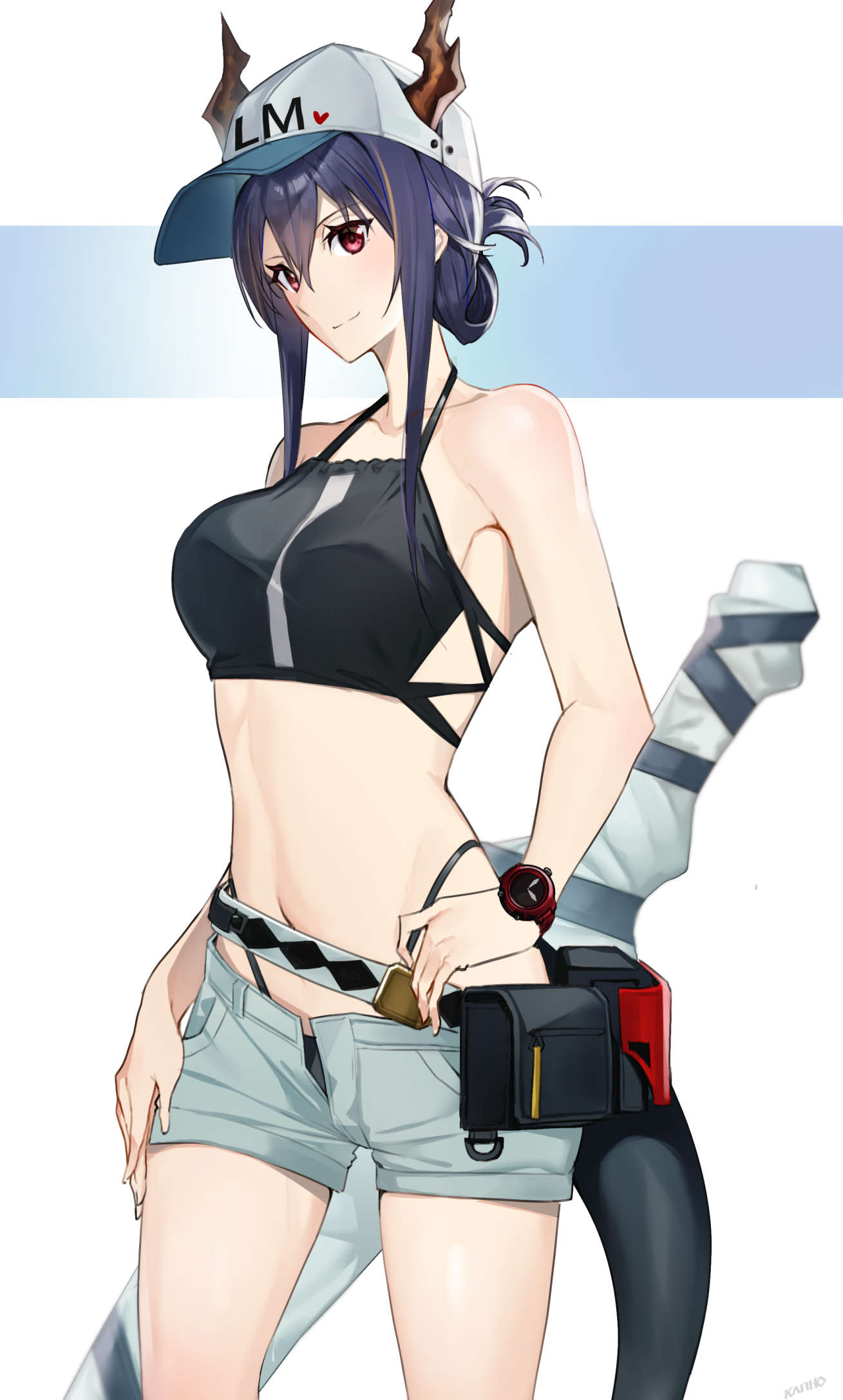 1girl arknights bangs bare_shoulders baseball_cap belt belt_pouch bikini black_bikini blush breasts ch'en_(arknights) closed_mouth cowboy_shot female_tourist_c_(arknights) grey_shorts hair_between_eyes hand_on_hip hat highres horns horns_through_headwear looking_at_viewer medium_breasts navel open_clothes open_fly open_shorts pouch purple_hair raitho104 red_eyes short_hair_with_long_locks short_shorts shorts sidelocks smile solo stomach swimsuit tail unbuttoned_shorts watch white_background white_headwear