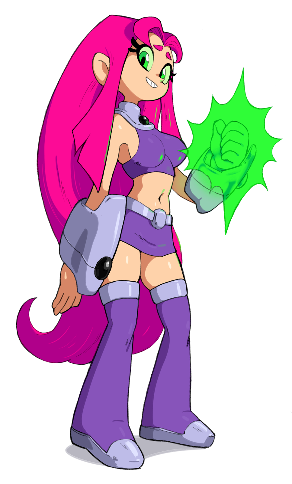 1girl arm_up boots colored_sclera colored_skin green_eyes green_sclera highres long_hair midriff navel orange_skin parted_lips pink_hair purple_legwear shirt simple_background sleeveless sleeveless_shirt smile solo starfire teen_titans thigh-highs thigh_boots very_long_hair white_background yuta_agc