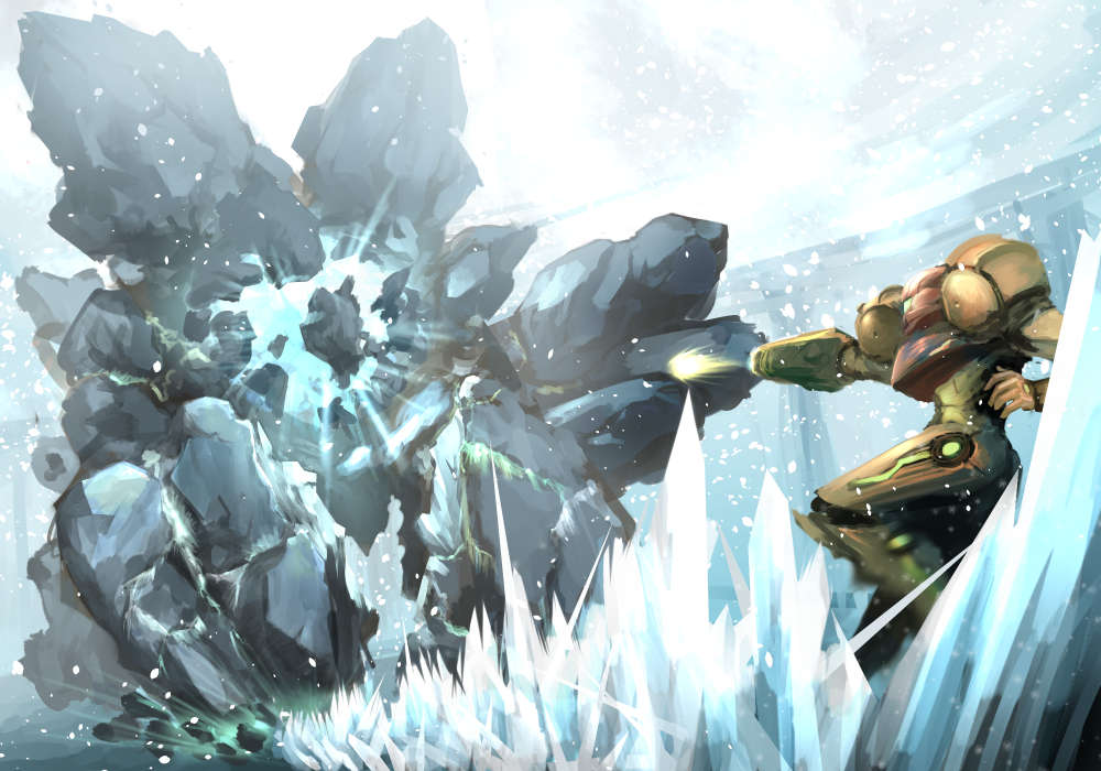 arm_cannon attack dennou_manjuu energy_weapon fighting ice metroid metroid_prime rock samus_aran snowing thardus varia_suit weapon