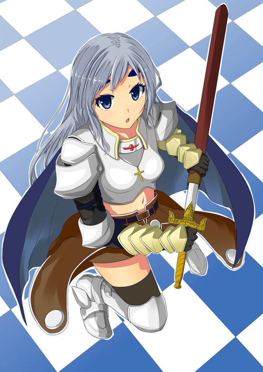 1girl armor armored_boots bangs black_legwear blue_cape blue_eyes boobplate boots brown_cape brown_skirt cape checkered checkered_background commentary_request cross full_body gauntlets grey_hair highres holding holding_sword holding_weapon kurohachiboku long_hair looking_at_viewer open_mouth paladin_(ragnarok_online) pauldrons ragnarok_online scabbard sheath shoulder_armor skirt solo standing sword thick_eyebrows thigh-highs waist_cape weapon