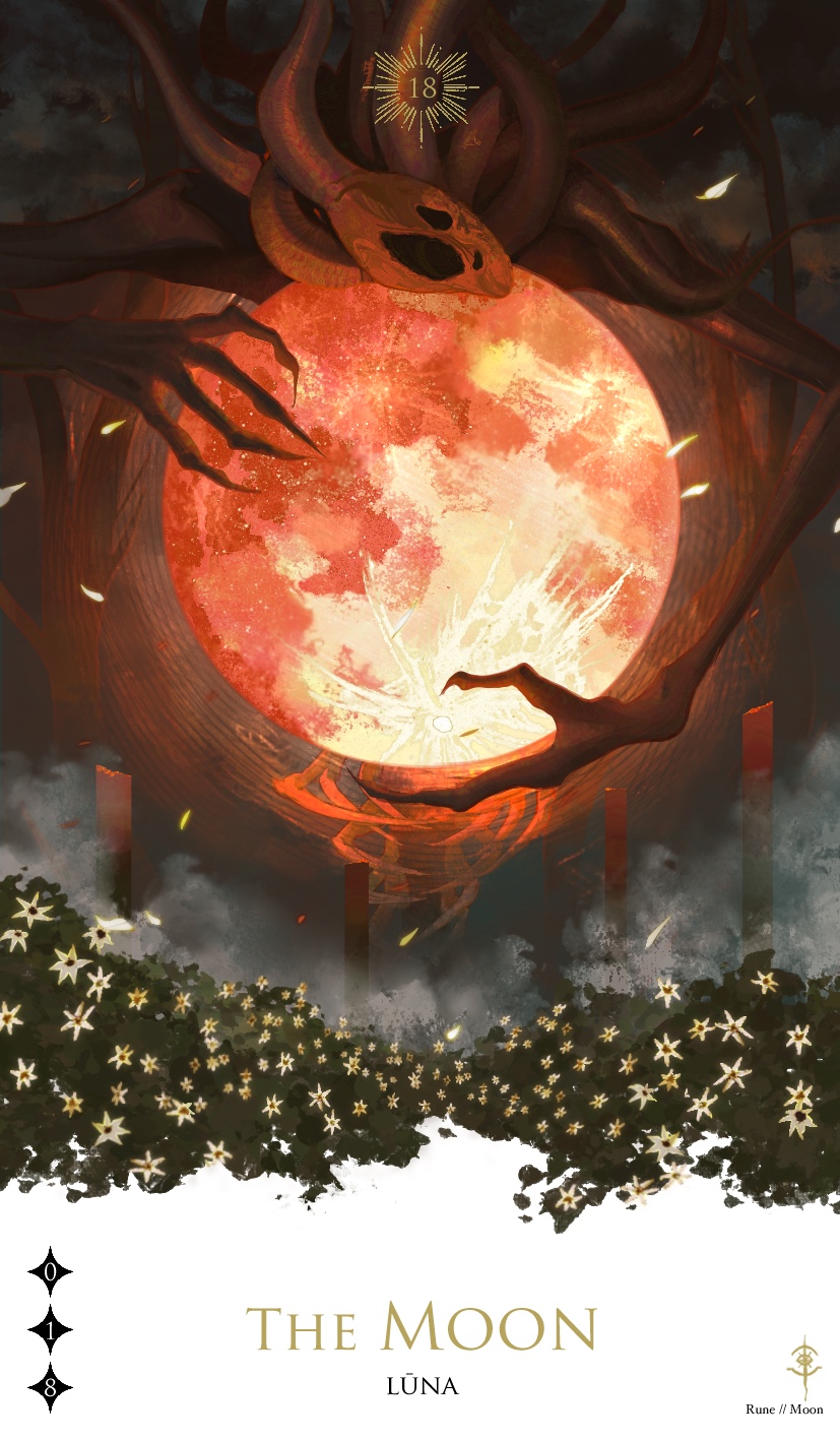 alien bloodborne eldritch_abomination english_text field flower flower_field frozensoba full_moon highres hug looking_at_viewer monster moon moon_presence no_humans pillar pink_flower red_moon white_background yellow_flower