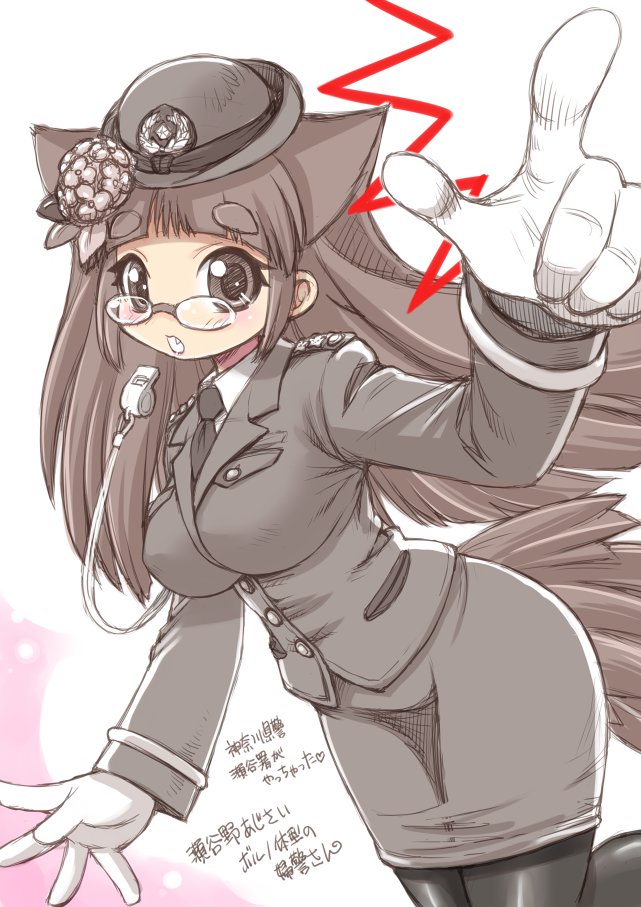 1girl animal_ears bangs black_legwear black_neckwear blunt_bangs blush breast_pocket breasts brown_hair collared_shirt ebifly eyebrows_visible_through_hair fang flower foreshortening glasses gloves grey_headwear grey_jacket hair_flower hair_ornament hat jacket large_breasts long_hair long_sleeves looking_at_viewer miniskirt necktie open_mouth original pantyhose parted_lips perspective pince-nez pocket pointing pointing_at_viewer police police_uniform policewoman shirt skirt solo tail translation_request uniform whistle white_gloves wing_collar