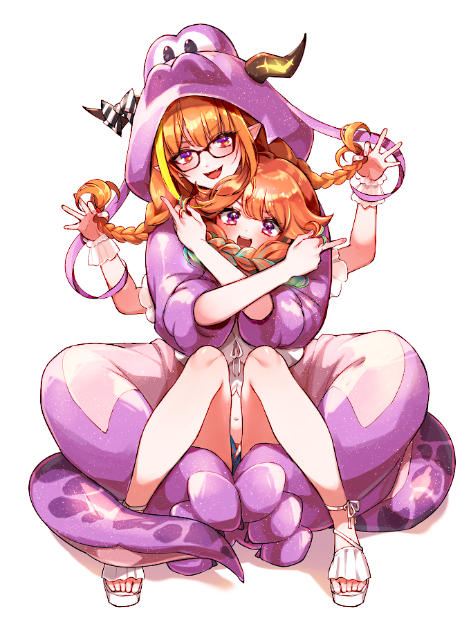 2girls animal_costume blonde_hair braid dragon_costume dragon_girl dragon_horns dragon_tail fangs gradient_hair hololive hololive_english horns hug kiryu_coco legs looking_at_viewer mamaloni middle_finger multicolored_hair multiple_girls navel official_alternate_costume open_mouth orange_hair pajamas pointy_ears simple_background smile streaked_hair tail takanashi_kiara twin_braids two-tone_hair violet_eyes virtual_youtuber white_background