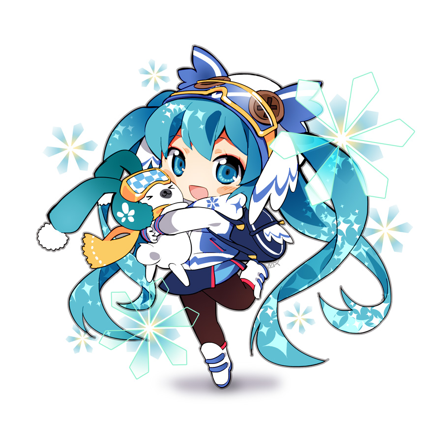 &gt;_&lt; 1girl 1other animal animal_hug aqua_eyes aqua_hair black_legwear blue_jacket blue_skirt blush_stickers boots button_eyes chibi closed_eyes commentary full_body gloves goggles goggles_on_head hatsune_miku holding holding_animal jacket leg_up long_hair looking_at_viewer mao_yu miniskirt open_mouth orange_scarf owl_hat pantyhose rabbit rabbit_yukine scarf shadow ski_goggles skirt smile snowflake_print snowflakes sportswear standing standing_on_one_leg twintails two-tone_jacket very_long_hair vocaloid white_background white_footwear white_gloves white_jacket yuki_miku yuki_miku_(2016)