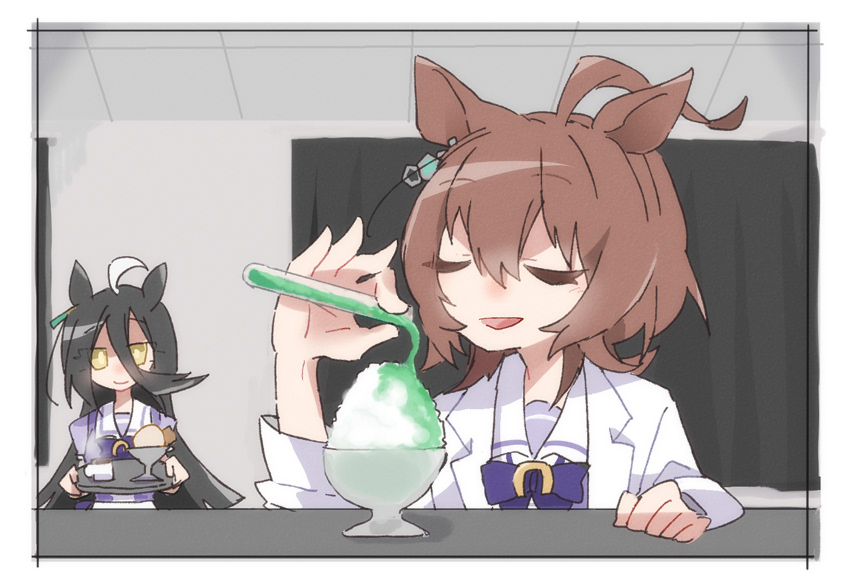 2girls agnes_tachyon_(umamusume) ahoge animal_ears beer_hsk brown_hair chemical_structure closed_eyes coffee eyes_visible_through_hair food hair_between_eyes holding holding_tray horse_ears horse_girl ice_cream labcoat long_sleeves manhattan_cafe_(umamusume) multicolored_hair multiple_girls school_uniform shaved_ice test_tube tracen_school_uniform tray two-tone_hair umamusume white_hair yellow_eyes