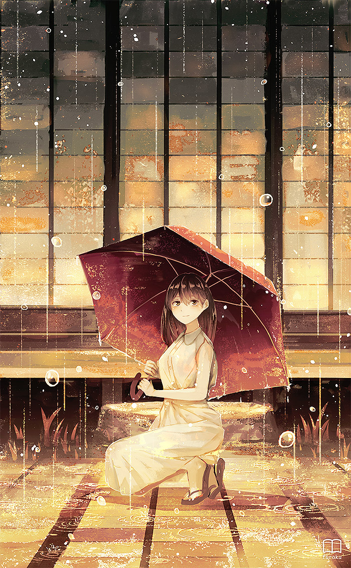 1girl bangs black_hair blush building craft-cs dress grass limited_palette long_hair looking_at_viewer original outdoors rain red_umbrella sandals sleeveless sleeveless_dress smile solo umbrella water white_dress