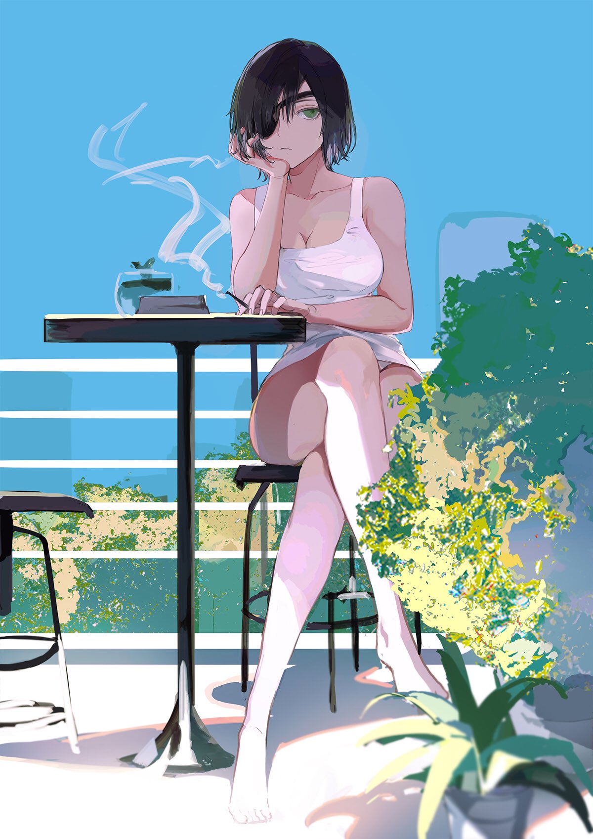 1girl ashtray balcony bare_legs bare_shoulders barefoot black_hair breasts chainsaw_man chair crossed_legs eyepatch feet green_eyes hair_between_eyes hand_on_own_cheek hand_on_own_chin hand_on_own_face head_rest highres himeno_(chainsaw_man) large_breasts medium_hair one_eye_covered outdoors plant sitting sky sleepless_(wrysmile) smoke smoking solo tank_top thighs white_tank_top