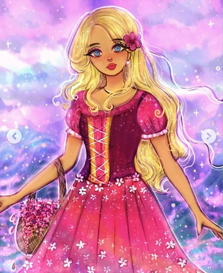 1girl artist_request barbie_(character) barbie_(franchise) barbie_and_the_diamond_castle barbie_movies basket blonde_hair blue_eyes corset dress earrings floral_print flower hair_flower hair_ornament holding holding_basket jewelry liana_(barbie) long_hair medieval necklace peasant pink_dress puffy_short_sleeves puffy_sleeves purple_background red_lips short_sleeves solo source_request tan