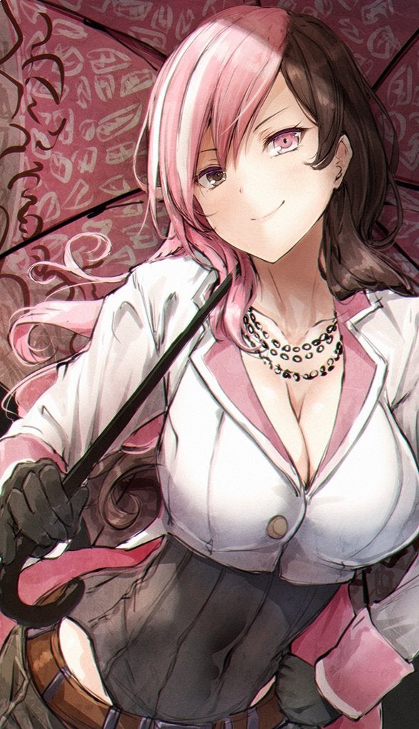 1girl belt black_eyes black_gloves black_leotard black_pants breasts cleavage closed_mouth gloves hand_on_hip holding holding_umbrella jacket jewelry large_breasts leotard leotard_under_clothes looking_at_viewer medium_hair multicolored_hair necklace neo_politan pants pink_eyes rwby smile solo suien two-tone_hair umbrella white_jacket