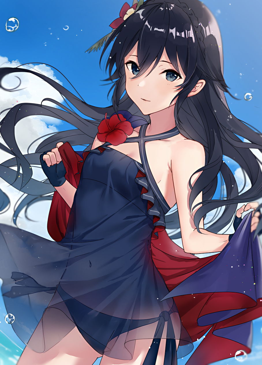 1girl beach bikini bikini_under_dress blue_eyes blue_hair blush breasts cute dress falchion_(fire_emblem) fingerless_gloves fire_emblem fire_emblem:_kakusei fire_emblem_13 fire_emblem_awakening fire_emblem_heroes flower gloves hair_between_eyes haru_(nakajou-28) highres intelligent_systems long_hair looking_at_viewer lucina_(fire_emblem) moe navel nintendo one-piece_swimsuit simple_background solo splashing super_smash_bros. swimsuit sword tiara weapon