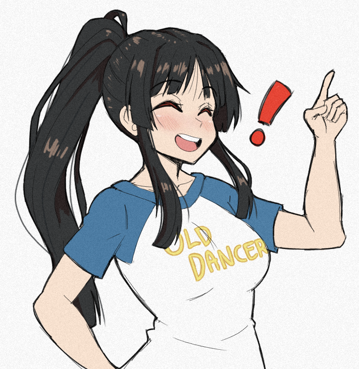 ! 1girl ^_^ ^o^ akiyama_mio black_hair blush breasts closed_eyes eyebrows_visible_through_hair facing_to_the_side index_finger_raised k-on! large_breasts long_hair open_mouth ponytail raglan_sleeves short_sleeves sidelocks smile solo upper_body upper_teeth young_savage