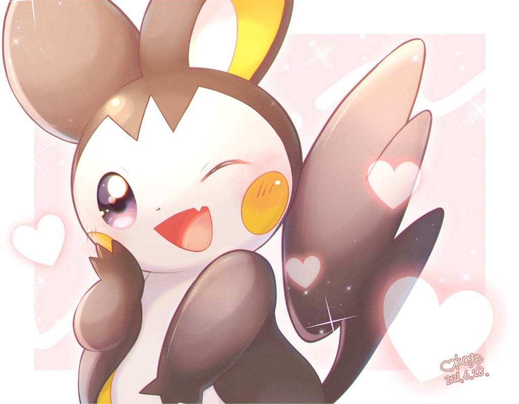 ;d attract_(pokemon) blush border commentary dated emolga fang gen_5_pokemon grey_eyes hand_up heart looking_at_viewer no_humans okoge_(simokaji) one_eye_closed open_mouth outside_border pokemon pokemon_(creature) signature skin_fang smile solo tongue white_border