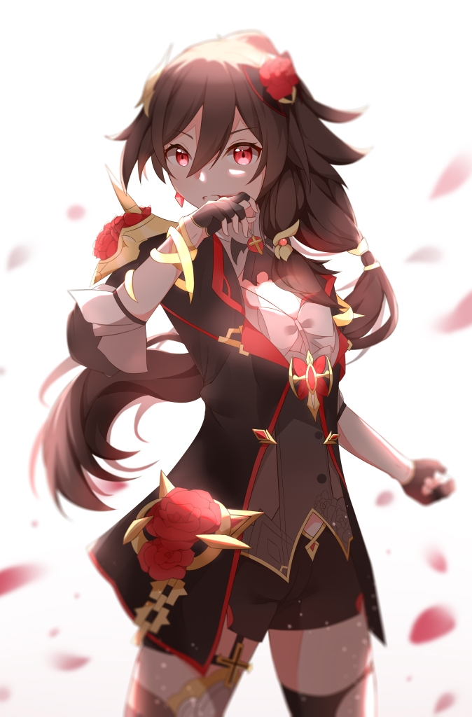 1girl alternate_costume bangs black_gloves black_hair blood blood_on_face earrings fingerless_gloves flower fu_hua fu_hua_(valkyrie_accipter) gloves hair_between_eyes hair_flower hair_ornament honkai_(series) honkai_impact_3rd jewelry long_hair long_sleeves looking_at_viewer petals ponytail qingxiao_kiyokiyo red_eyes red_flower red_rose rose shorts simple_background solo vampire white_background