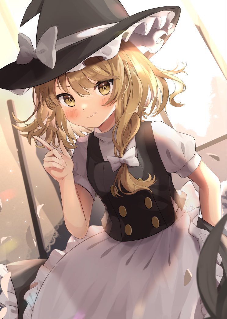 1girl apron backlighting bangs black_headwear black_skirt black_vest blonde_hair blurry blush bow breasts closed_mouth commentary_request depth_of_field dutch_angle eyebrows_visible_through_hair goma_(u_p) hair_bow hair_ribbon hand_up hat hat_bow index_finger_raised kirisame_marisa looking_at_viewer medium_hair petticoat puffy_short_sleeves puffy_sleeves ribbon short_sleeves single_sidelock skirt small_breasts smile solo touhou tress_ribbon vest waist_apron white_apron white_bow witch_hat yellow_eyes