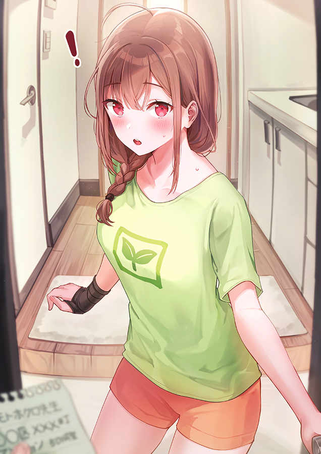 ! 1girl :o ahoge bandaged_hand bangs blunt_bangs blush braid brown_hair commentary_request cowboy_shot door eyebrows_visible_through_hair gloves green_shirt hair_between_eyes indoors long_hair looking_at_viewer open_mouth original paper pink_shorts rangu red_eyes shirt short_sleeves shorts solo sweat upper_teeth wooden_floor