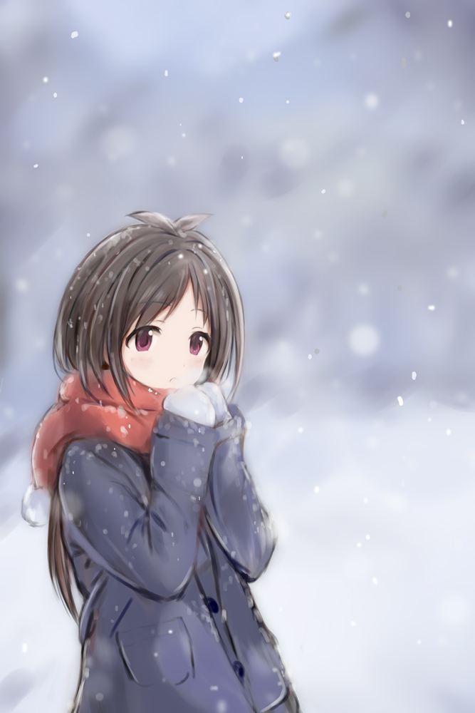 1girl blush breath breathing breathing_on_hands brown_hair coat idolmaster idolmaster_cinderella_girls long_hair looking_at_viewer mittens nannacy7 outdoors red_eyes red_scarf scarf snow snowflakes snowing solo tsujino_akari