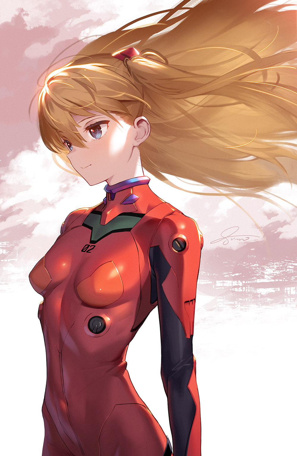 1girl bangs blue_eyes bodysuit breasts brown_hair closed_mouth commentary_request cowboy_shot eyebrows_visible_through_hair floating_hair hair_between_eyes highres interface_headset long_hair medium_breasts neon_genesis_evangelion number partial_commentary plugsuit red_bodysuit signature siino smile solo souryuu_asuka_langley standing