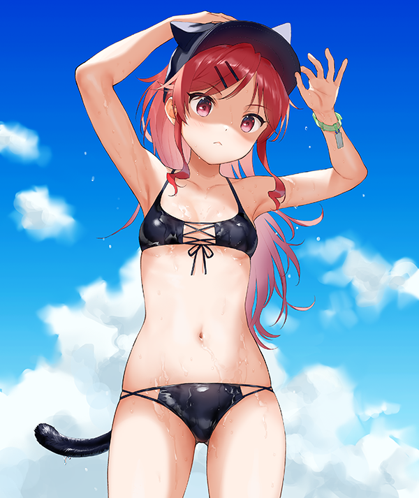 1girl armpits arms_up bare_arms bare_shoulders baseball_cap bikini black_bikini black_headwear blue_sky breasts cat_tail chigusa_asuha closed_mouth clouds collarbone cowboy_shot day hair_ornament hair_through_headwear hairclip hand_on_headwear hat horned_headwear long_hair looking_at_viewer multi-strapped_bikini navel outdoors ponytail qualidea_code red_eyes redhead sekiya_asami shaded_face sidelocks sky small_breasts solo standing stomach string_bikini swimsuit tail thighs wet wristband