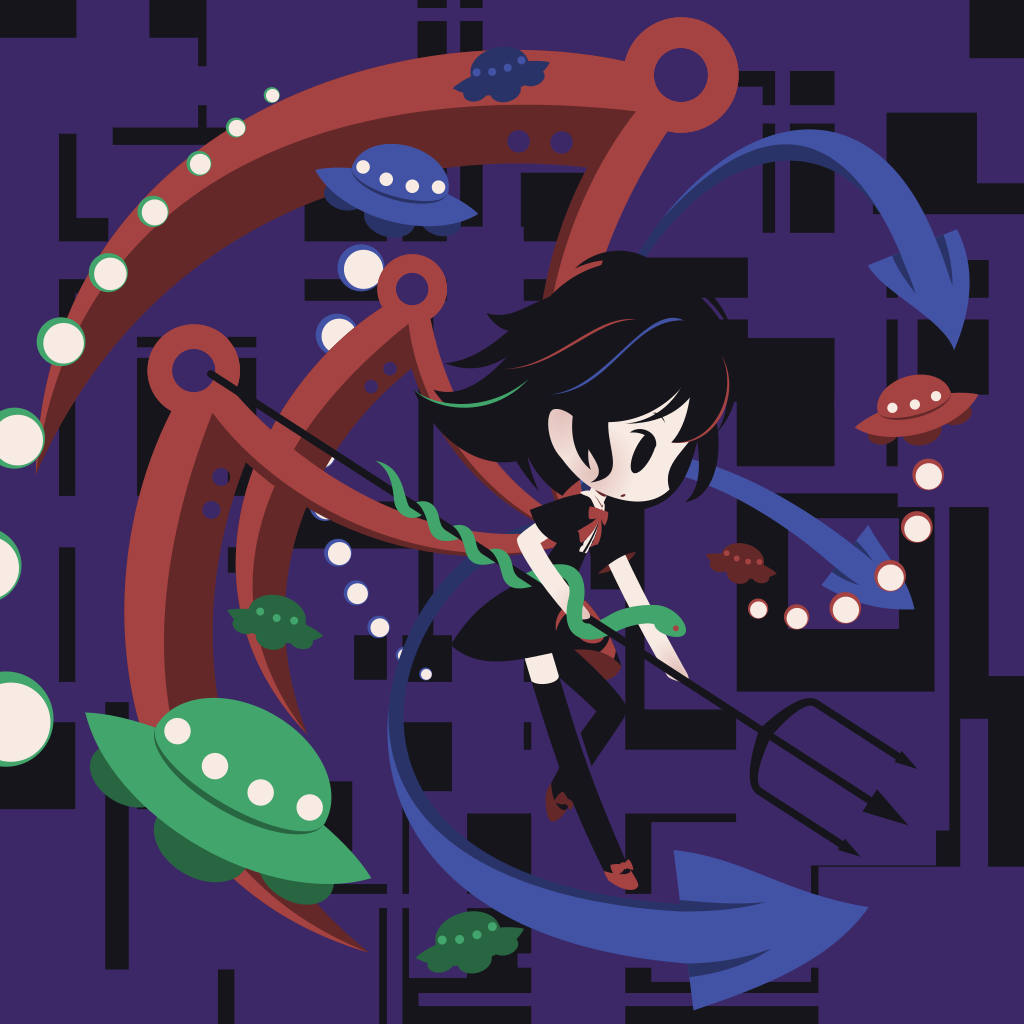 1girl asymmetrical_wings black_dress black_eyes black_hair black_legwear blue_wings center_frills chibi cobalta dress frills houjuu_nue pitchfork red_footwear red_neckwear red_ribbon red_wings ribbon short_sleeves snake thigh-highs touhou ufo wings zettai_ryouiki