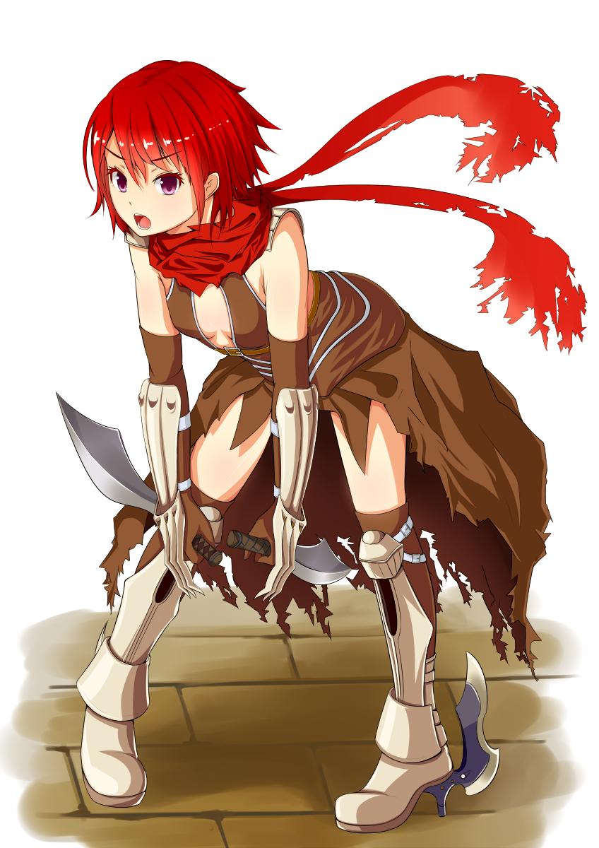 1girl armor armored_boots assassin_cross_(ragnarok_online) bangs black_cape black_gloves black_legwear black_leotard boots breasts cape commentary_request dagger elbow_gloves eyebrows_visible_through_hair full_body gloves hair_between_eyes high_heel_boots high_heels highres holding holding_dagger holding_weapon kneehighs knife kurohachiboku leaning_forward leotard looking_at_viewer open_mouth pauldrons pigeon-toed ragnarok_online red_scarf redhead scarf short_hair shoulder_armor small_breasts solo torn_cape torn_clothes torn_scarf vambraces violet_eyes waist_cape weapon