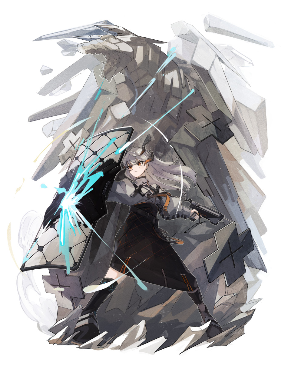 1girl arknights belt black_footwear black_skirt boots chest_strap closed_mouth commentary debris dragon dragon_girl dragon_horns dust_cloud feathers fighting_stance full_body high-waist_skirt highres holding holding_shield holding_weapon horns infection_monitor_(arknights) legs_apart long_hair long_skirt looking_away orange_eyes riot_shield rock saria_(arknights) shield shimasato shirt silver_hair simple_background skirt solo standing syringe_gun weapon white_background white_shirt