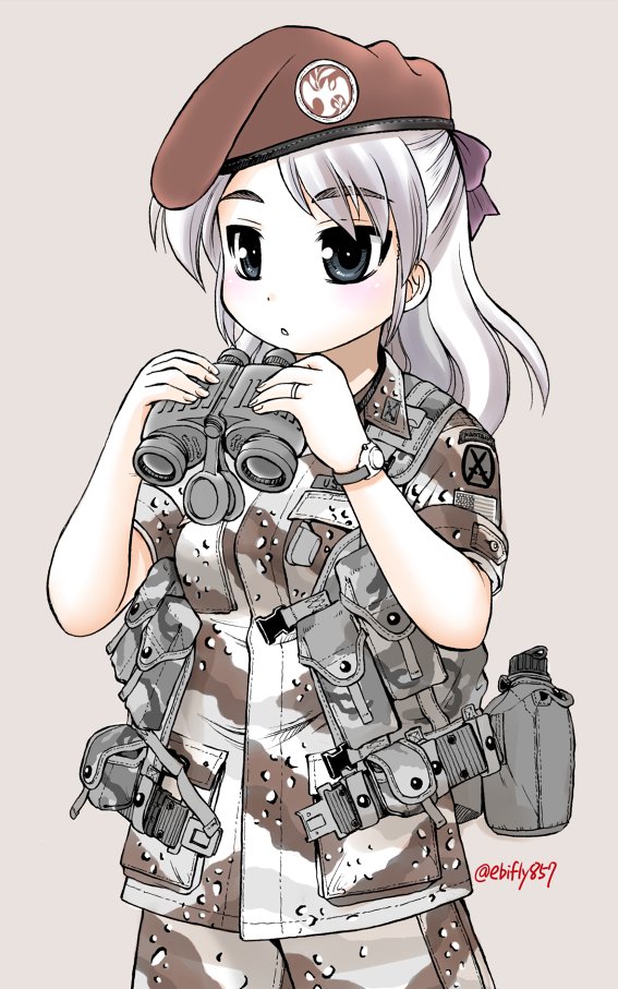 1girl badge beret binoculars blush bow brown_headwear camouflage camouflage_jacket canteen cowboy_shot ebifly grey_background grey_eyes grey_hair hair_bow hands_up hat holding holding_binoculars jacket long_hair original parted_lips pouch simple_background solo standing twitter_username watch watch white_hair