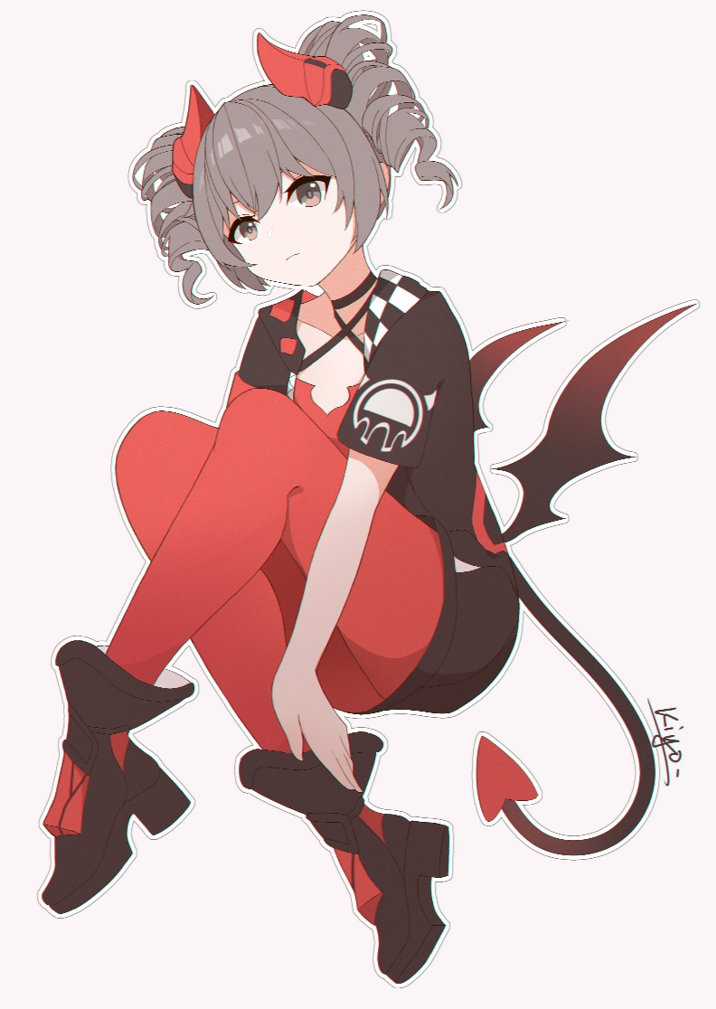 1girl black_jacket bronya_zaychik bronya_zaychik_(yamabuki_armor) closed_mouth demon_horns demon_tail demon_wings drill_hair full_body grey_eyes grey_hair halloween halloween_costume honkai_(series) honkai_impact_3rd horns jacket looking_at_another pantyhose qingxiao_kiyokiyo red_footwear red_legwear simple_background solo tail twin_drills white_background wings