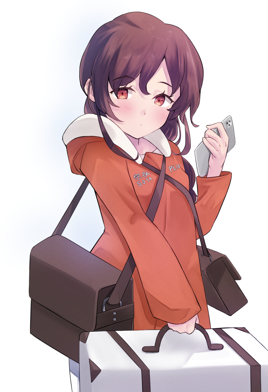 1girl bag braid brown_hair cowboy_shot highres hood hooded_jacket jacket kantai_collection long_hair looking_at_viewer messenger_bag orange_eyes orange_jacket pantyhose sanninme_no_haru school_uniform serafuku shoulder_bag simple_background single_braid solo souya_(kancolle) suitcase white_background white_legwear