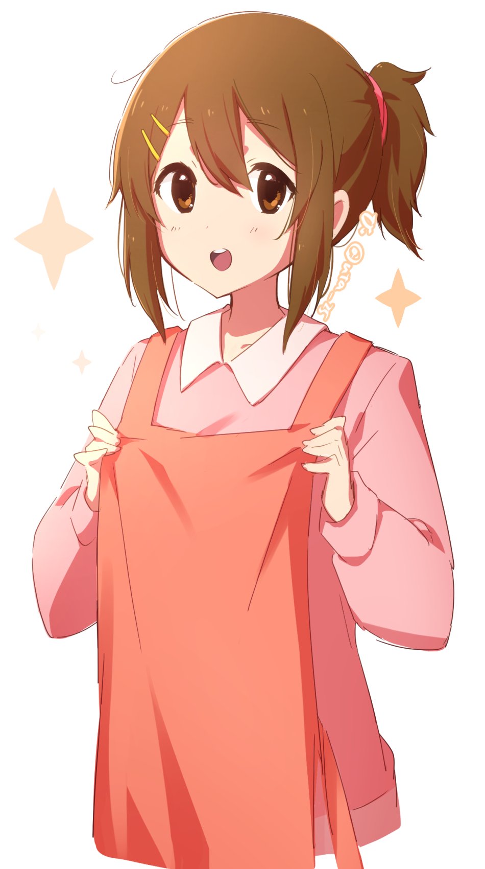 1girl apron apron_hold atu bangs brown_eyes brown_hair collared_shirt commentary eyebrows_visible_through_hair hair_ornament hairclip highres hirasawa_yui k-on! long_sleeves looking_at_viewer medium_hair open_mouth pink_sweater ponytail red_apron shirt simple_background smile solo star_(symbol) sweater twitter_username upper_body upper_teeth white_background