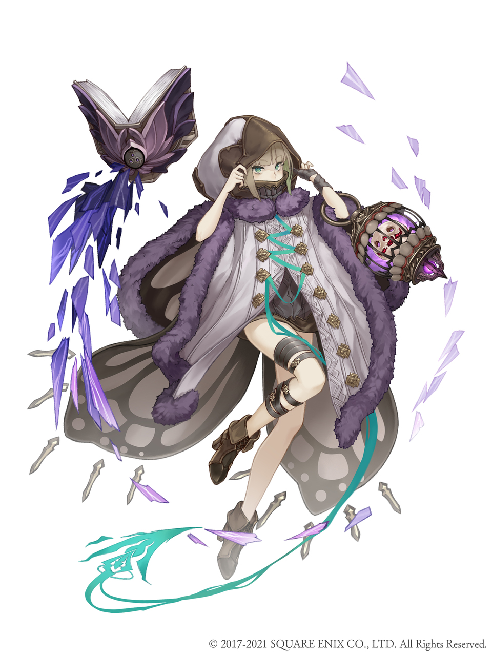 1boy aqua_eyes aqua_hair arm_wrap birdcage book boots brown_hair cage cloak colored_inner_hair eyebrows_visible_through_hair full_body fur_trim gretel_(sinoalice) hansel_(sinoalice) highres hood hood_up ji_no looking_at_viewer multicolored_hair official_art otoko_no_ko sinoalice solo square_enix thigh_strap white_background