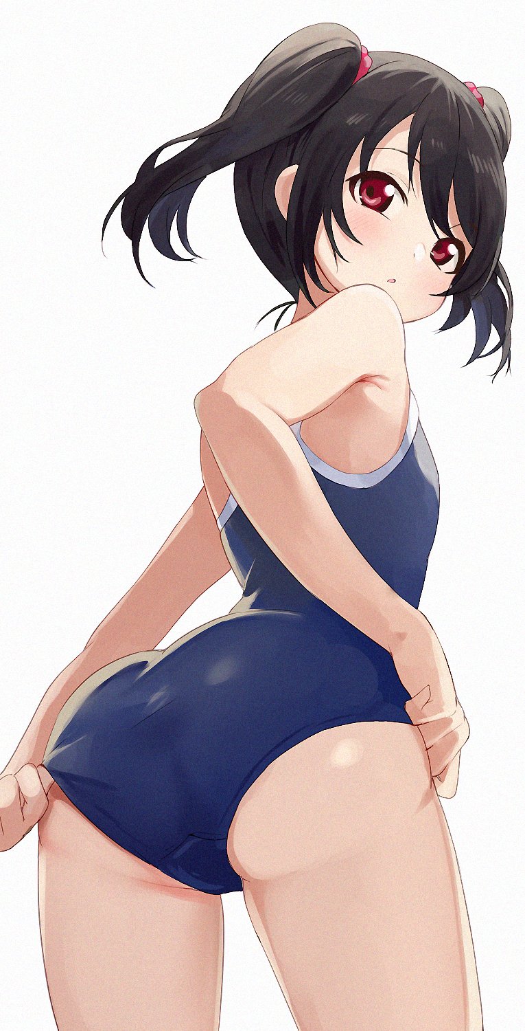 1girl adjusting_clothes adjusting_swimsuit ass black_hair blue_swimsuit clothes_pull competition_school_swimsuit cowboy_shot flat_chest from_behind from_below highres hiroki_(yyqw7151) looking_at_viewer looking_back love_live! love_live!_school_idol_project one-piece_swimsuit red_eyes school_swimsuit simple_background solo standing swimsuit swimsuit_pull twintails white_background yazawa_nico