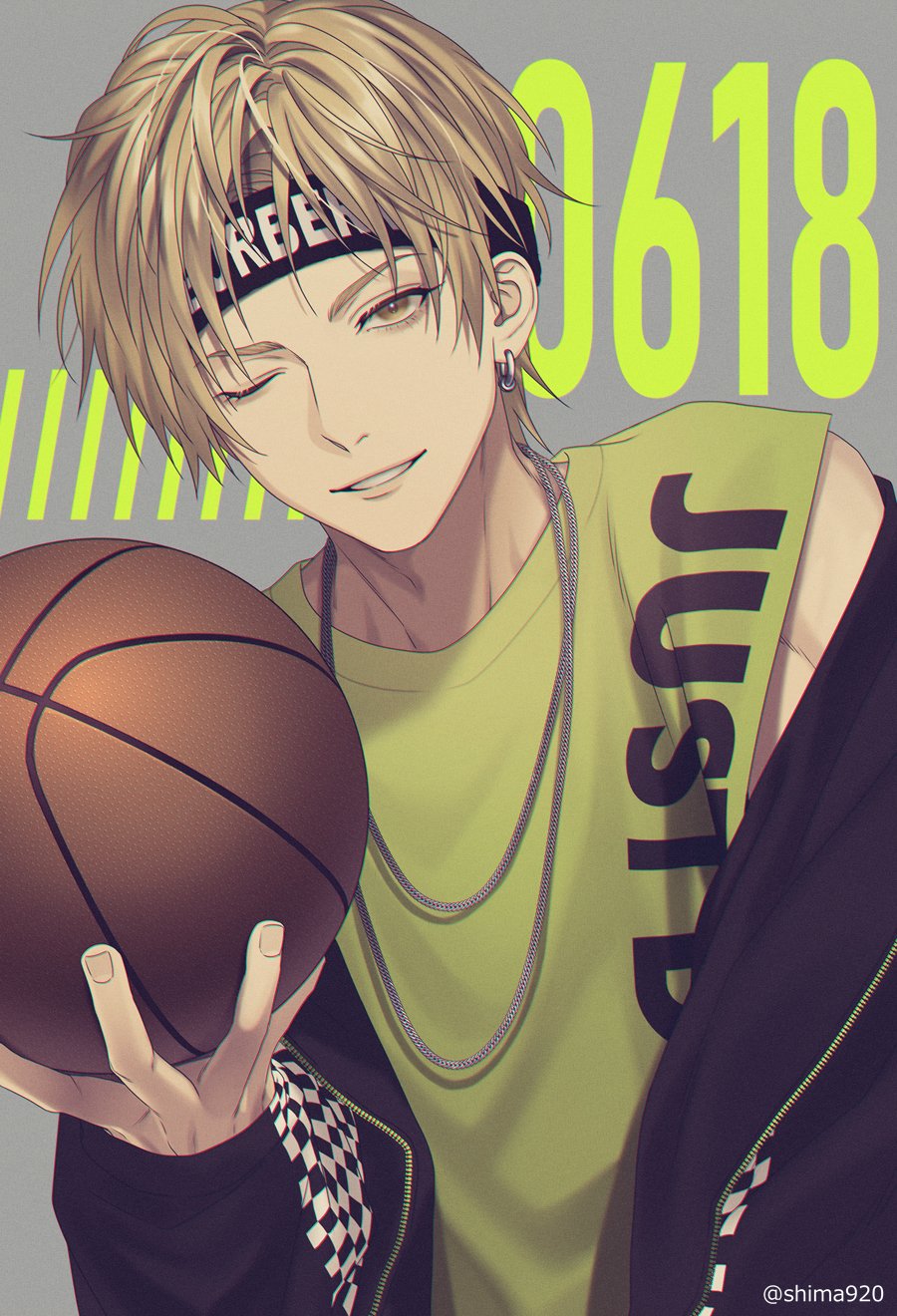 1boy ;) ball bangs basketball black_headband black_hoodie blonde_hair brown_eyes clothes_writing commentary_request dated earrings fingernails green_shirt grey_background headband highres holding holding_ball hood hoodie jewelry kise_ryouta kuroko_no_basuke long_sleeves looking_at_viewer male_focus mashima_shima necklace number one_eye_closed open_clothes open_hoodie parted_lips shirt short_hair sleeveless sleeveless_shirt smile solo twitter_username zipper