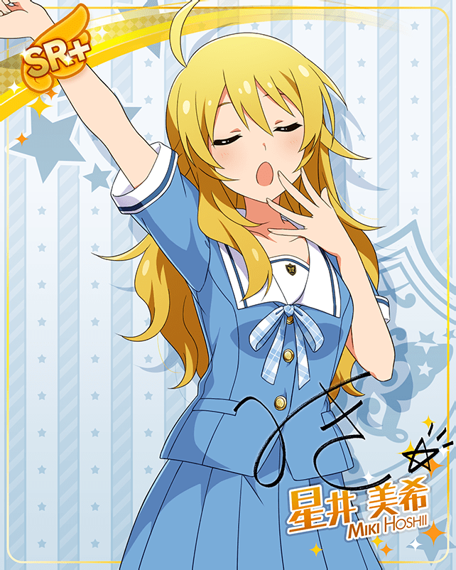 blonde_hair blush character_name dress green_eyes hoshii_miki idolmaster_million_live!_theater_days long_hair wink