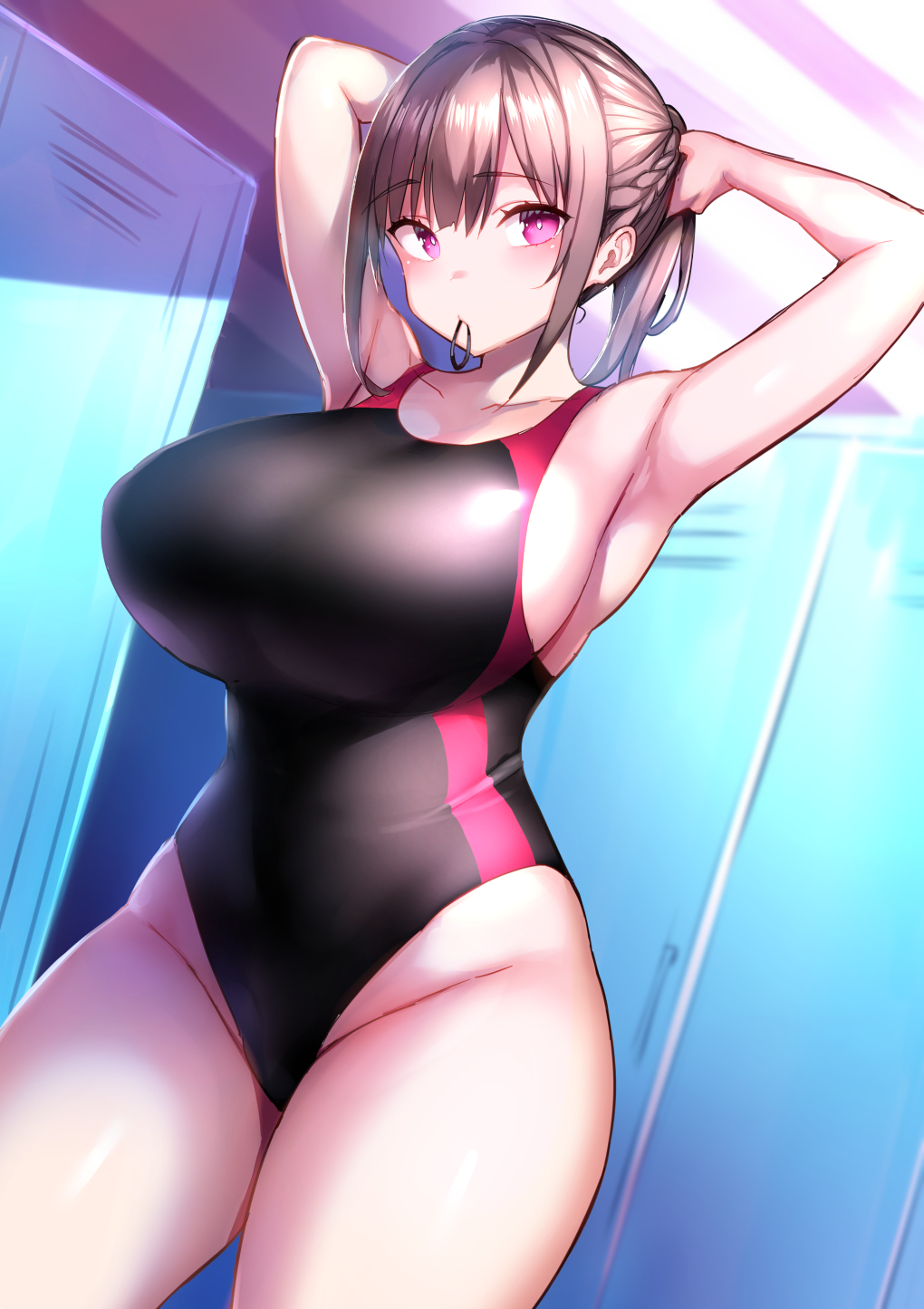 1girl arms_behind_back black_hair black_swimsuit braid breasts collarbone competition_swimsuit contrapposto cowboy_shot crown_braid highres holding holding_hair large_breasts locker looking_at_viewer mouth_hold one-piece_swimsuit original ponytail red_eyes solo swimsuit tsukumiya_amane