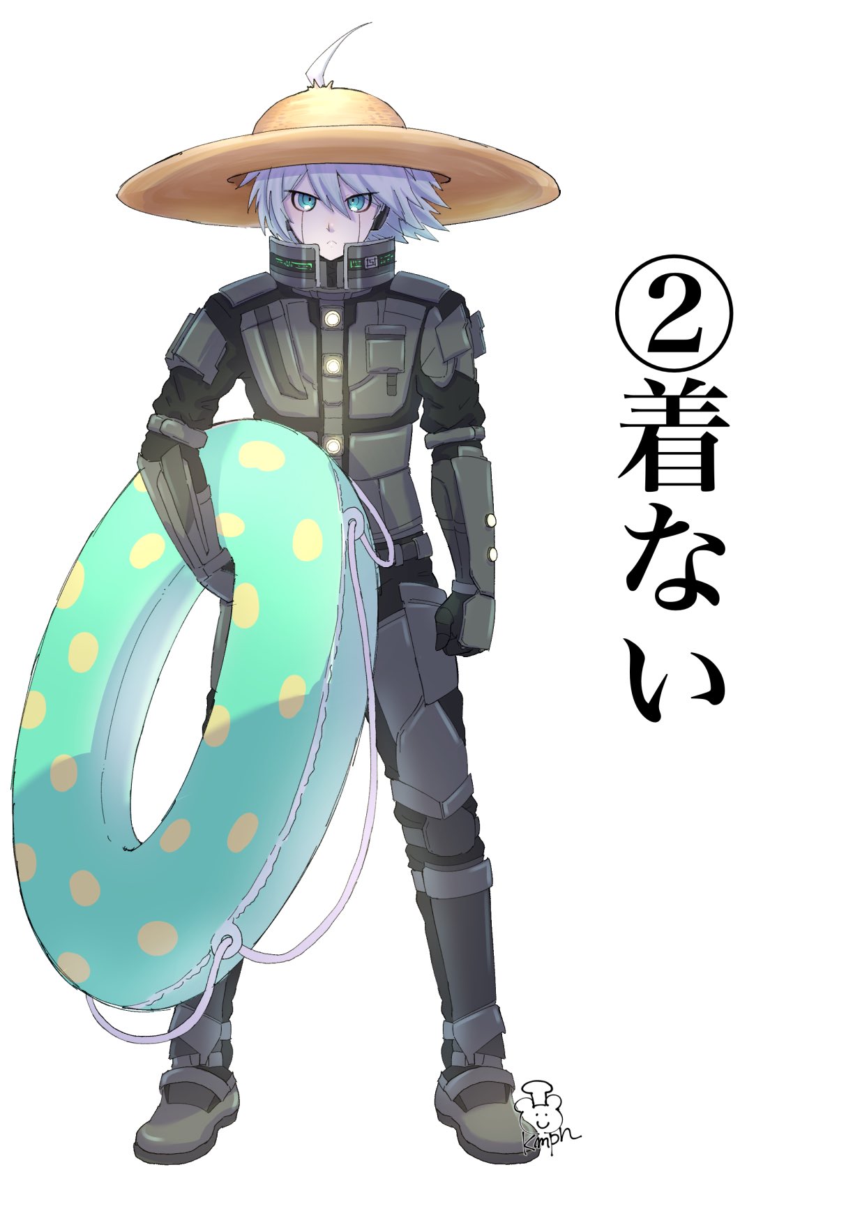 1boy ahoge android artist_logo bangs black_gloves boots clenched_hand closed_mouth dangan_ronpa_(series) dangan_ronpa_v3:_killing_harmony full_body gloves grey_eyes grey_hair hair_between_eyes hair_through_headwear hat highres holding holding_innertube innertube keebo kuma_pan_(bearbread624) legs_apart looking_at_viewer male_focus number power_armor short_hair solo standing sun_hat translation_request white_background