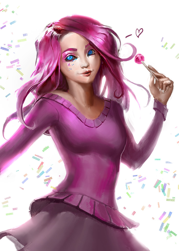 1girl blue_eyes candy confetti contact_lens food holding holding_food lollipop looking_at_viewer party party_girl_(terraria) pink_hair sparkle terraria vladbacescu