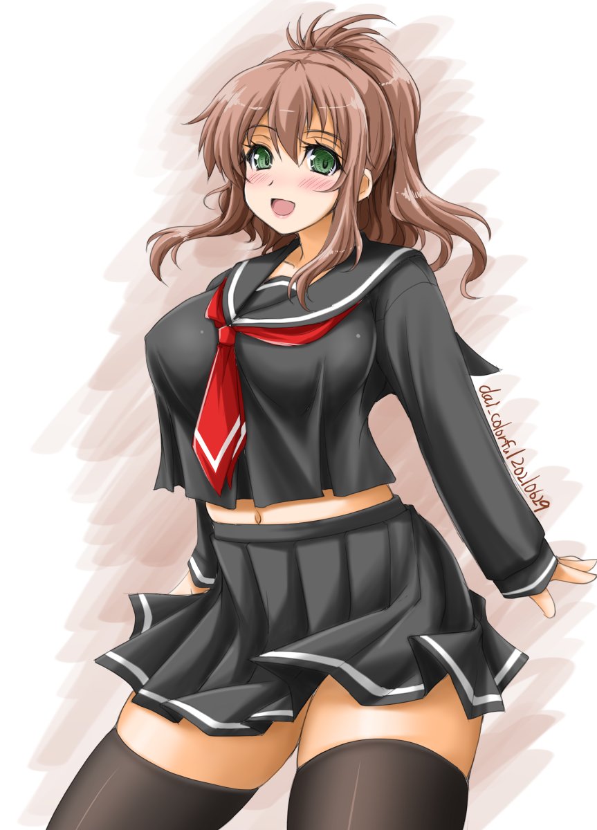 1girl akimoto_dai black_legwear black_sailor_collar black_serafuku black_shirt black_skirt breasts brown_hair commentary_request cowboy_shot green_eyes hair_between_eyes highres kantai_collection large_breasts long_hair looking_at_viewer neckerchief one-hour_drawing_challenge pleated_skirt ponytail red_neckwear sailor_collar saratoga_(kancolle) school_uniform serafuku shirt sidelocks skirt solo thigh-highs