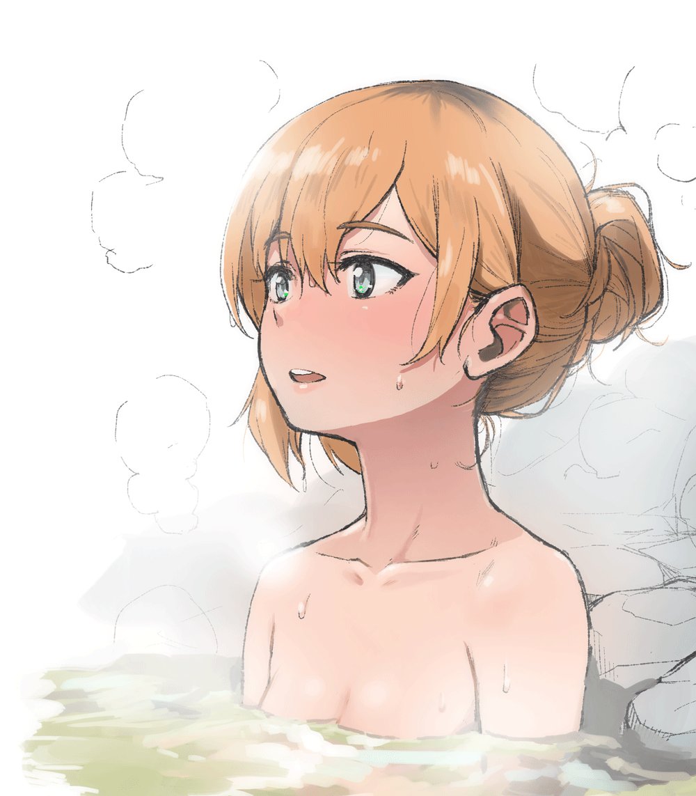 1girl aqua_eyes bangs bathing blush breasts eyebrows_visible_through_hair geso_smith hair_between_eyes hair_bun hair_up medium_breasts miyamori_aoi onsen orange_hair parted_lips partially_submerged shirobako solo steam sweat upper_body water