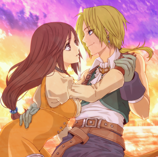 1boy 1girl blonde_hair blue_eyes bodysuit breasts brown_hair chiru_(sanifani) choker closed_mouth final_fantasy final_fantasy_ix garnet_til_alexandros_xvii gloves long_hair low-tied_long_hair open_mouth orange_bodysuit smile tail zidane_tribal