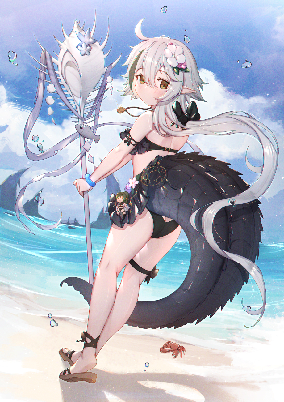 1girl :o ahoge arknights bangs beach bikini black_bikini black_bow black_ribbon black_skirt blue_sky blush bow brown_eyes brown_footwear clouds commentary_request crab crocodilian_tail day eyebrows_visible_through_hair flower from_behind full_body hair_between_eyes hair_bow hair_flower hair_ornament highres holding holding_staff long_hair looking_at_viewer looking_back ocean outdoors pleated_skirt pointy_ears ribbon sandals silver_hair skirt sky solo staff standing swimsuit tail thigh_ribbon tomimi_(arknights) uneg very_long_hair white_flower wristband