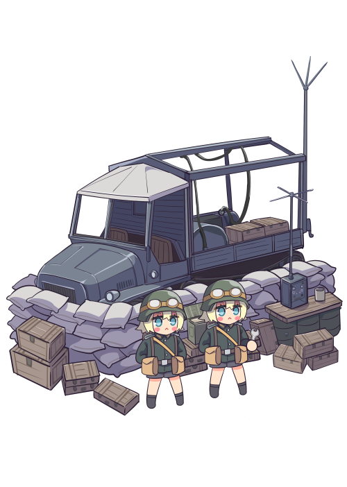 2girls :&lt; bangs barrel black_footwear black_jacket black_shorts blonde_hair blue_eyes blush boots chibi closed_mouth company_of_heroes crate full_body german_army goggles goggles_on_headwear ground_vehicle gun half-track hat helmet holding jacket knee_boots military military_hat military_jacket military_uniform motor_vehicle multiple_girls original radio_antenna sandbag shorts simple_background standing truck uniform weapon white_background world_war_ii wrench zhainan_s-jun