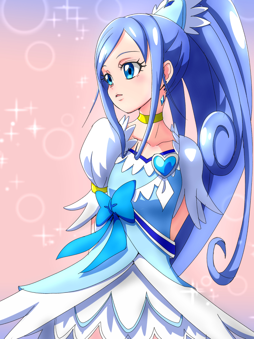 1girl arms_behind_back blue_choker blue_dress blue_eyes blue_hair blue_theme breasts brooch choker collarbone cowboy_shot crystal_earrings cure_diamond dokidoki!_precure dress earrings eyebrows forehead gradient gradient_background heart hishikawa_rikka jewelry kamonan_(pixiv_id_1430057) looking_away open_mouth pink_background ponytail precure puffy_sleeves small_breasts solo sparkle_background yellow_choker