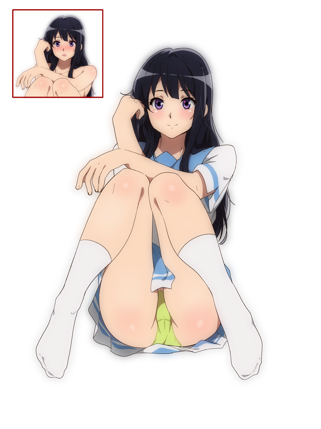 1girl ass bangs black_hair blush body_blush hair_between_eyes hand_in_hair hand_up hibike!_euphonium highres kneehighs kousaka_reina long_hair panties pantyshot sbel02 school_uniform simple_background sitting skirt smile transparent_background underwear variations violet_eyes white_legwear yellow_panties