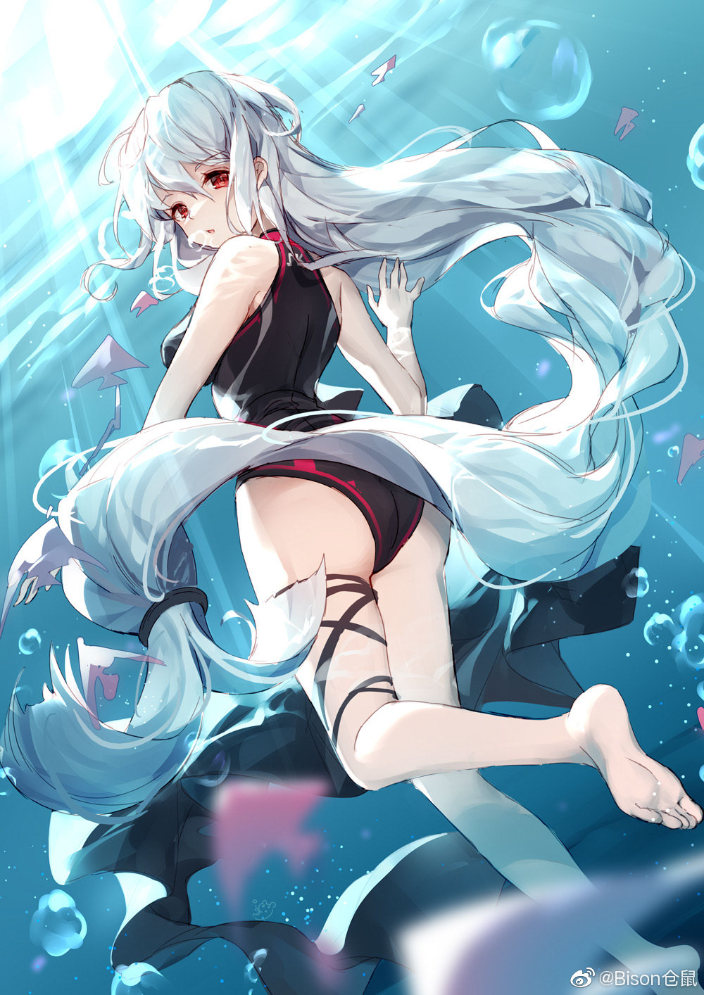 1girl absurdly_long_hair arknights bison_cangshu black_swimsuit bubble chinese_commentary fish highres light_rays long_hair looking_at_viewer looking_back low-tied_long_hair one-piece_swimsuit red_eyes skadi_(arknights) solo swimsuit underwater very_long_hair water weibo_username white_hair