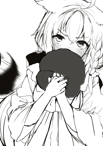 1girl afterimage ahoge asymmetrical_hair blush braid commentary covered_mouth dress embarrassed eyebrows_visible_through_hair greyscale hair_between_eyes hat hat_removed headwear_removed holding holding_clothes holding_hat hololive long_hair looking_at_viewer lowres monochrome motion_blur motion_lines nejime official_alternate_costume shirakami_fubuki side_braid simple_background single_braid solo sweat sweatdrop tail tail_wagging tsurime upper_body virtual_youtuber white_background