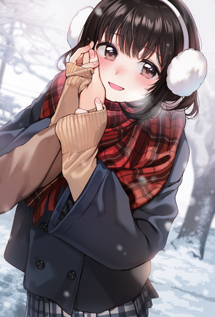 1boy 1girl bare_tree blurry blurry_background blush breath brown_eyes brown_hair cold earmuffs eyebrows_visible_through_hair fingernails hand_on_another's_cheek hand_on_another's_face holding_another's_wrist long_hair male_hand nishizawa open_mouth original outdoors pink_nails plaid plaid_scarf pov power_lines red_scarf scarf sleeves_past_wrists snow snowing tree utility_pole winter_clothes